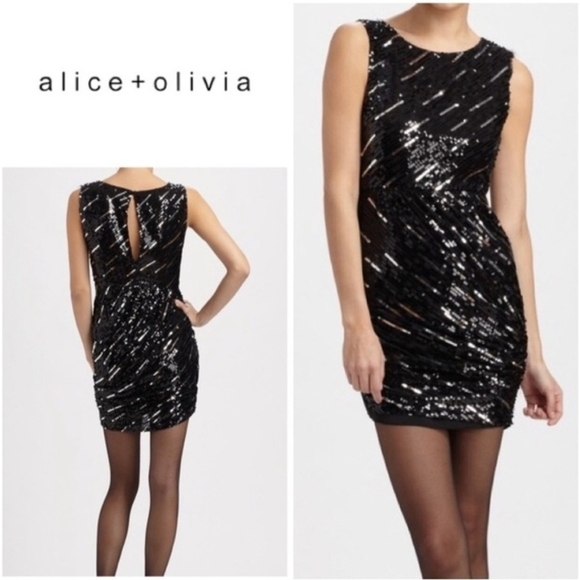 Women’s Dress Alice + Olivia Silk Sheath Sequin Dress Black Ruched Party Dress
